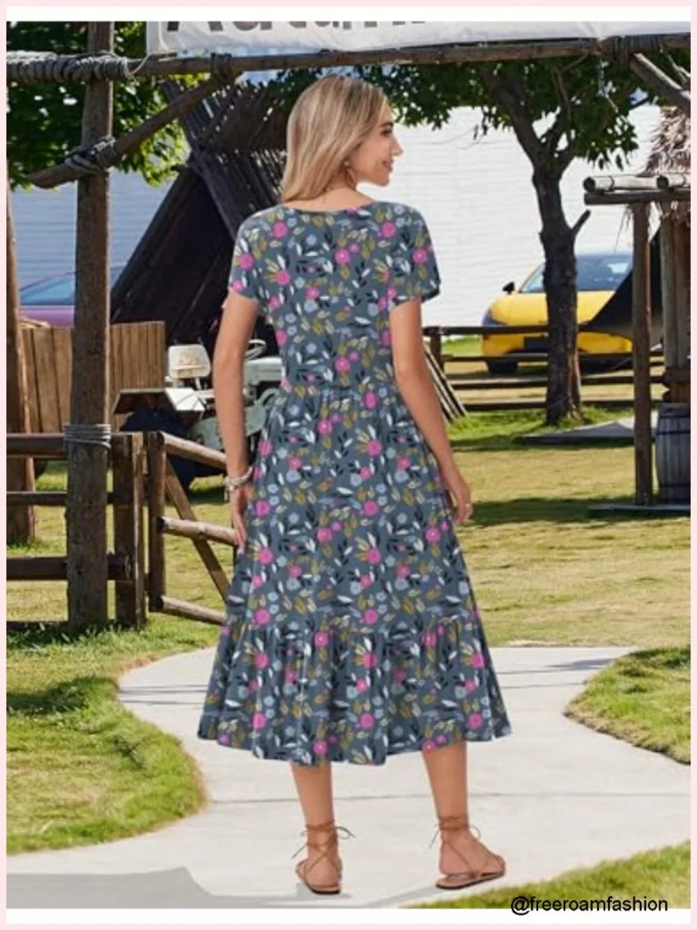 Women's Short Sleeve A-Line Midi Dress with Pockets Tiered Flowy Beach Sundress
